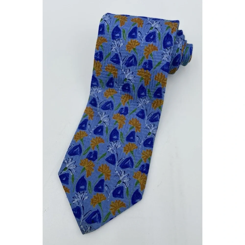 ERMENEGILDO ZEGNA Men's Tie 100% Silk ITALY Luxury FLORAL Blue/Orange EUC